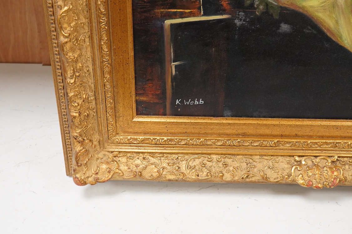 K Webb, Contemporary, Still life of a bowl and scattered fruit on a side table, signed, oil on canvas, 59 x 48cm, ornate gilt frame